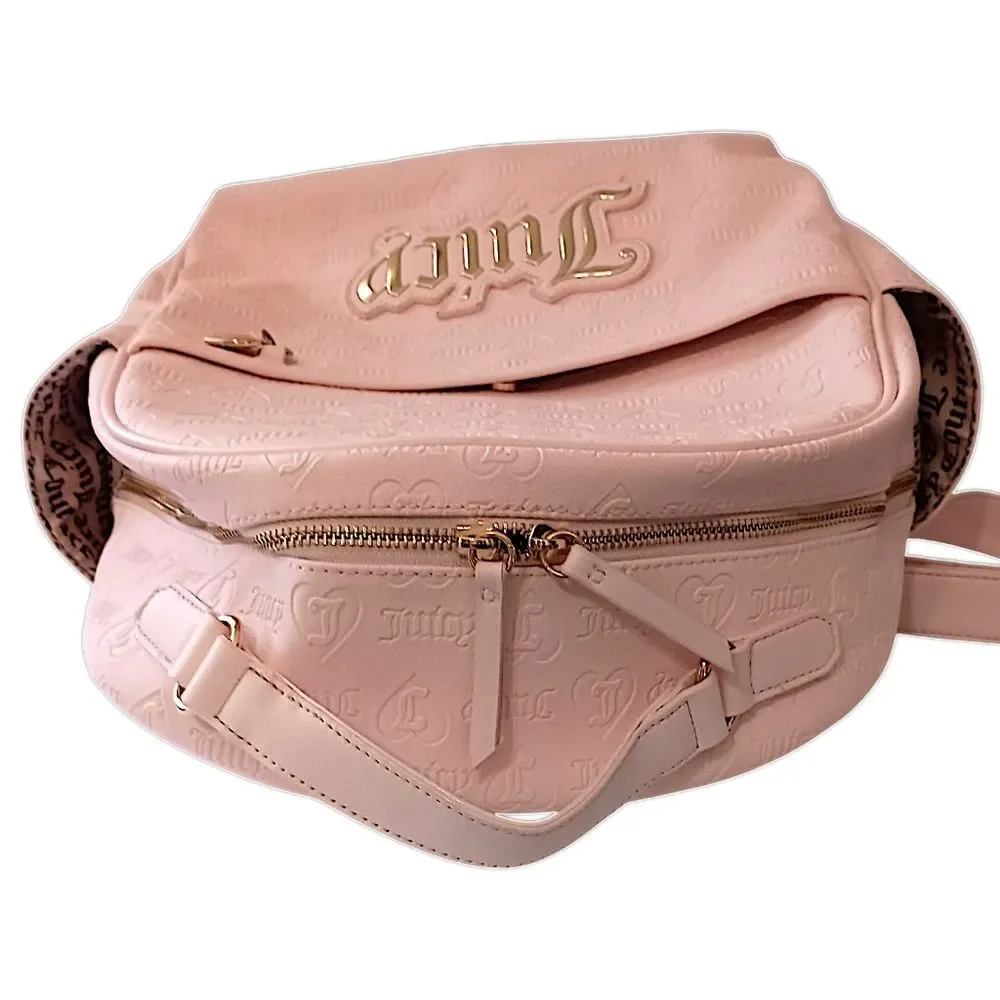 Juicy Couture‎ Pink Faux Leather Backpack Monogram Gold Logo School Travel Bag